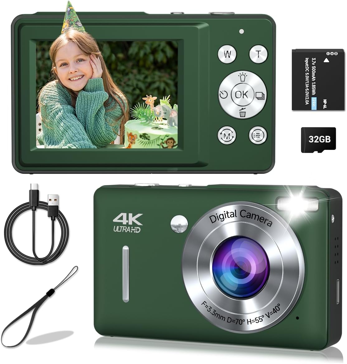 Digital Camera, 44MP Compact Camera, FHD 1080P Point and Shoot Digital Cameras with 16X Zoom, Face Detect, Smile Capture, Anti Shake, for Boys Girls Teens Gifts (Deep Green)