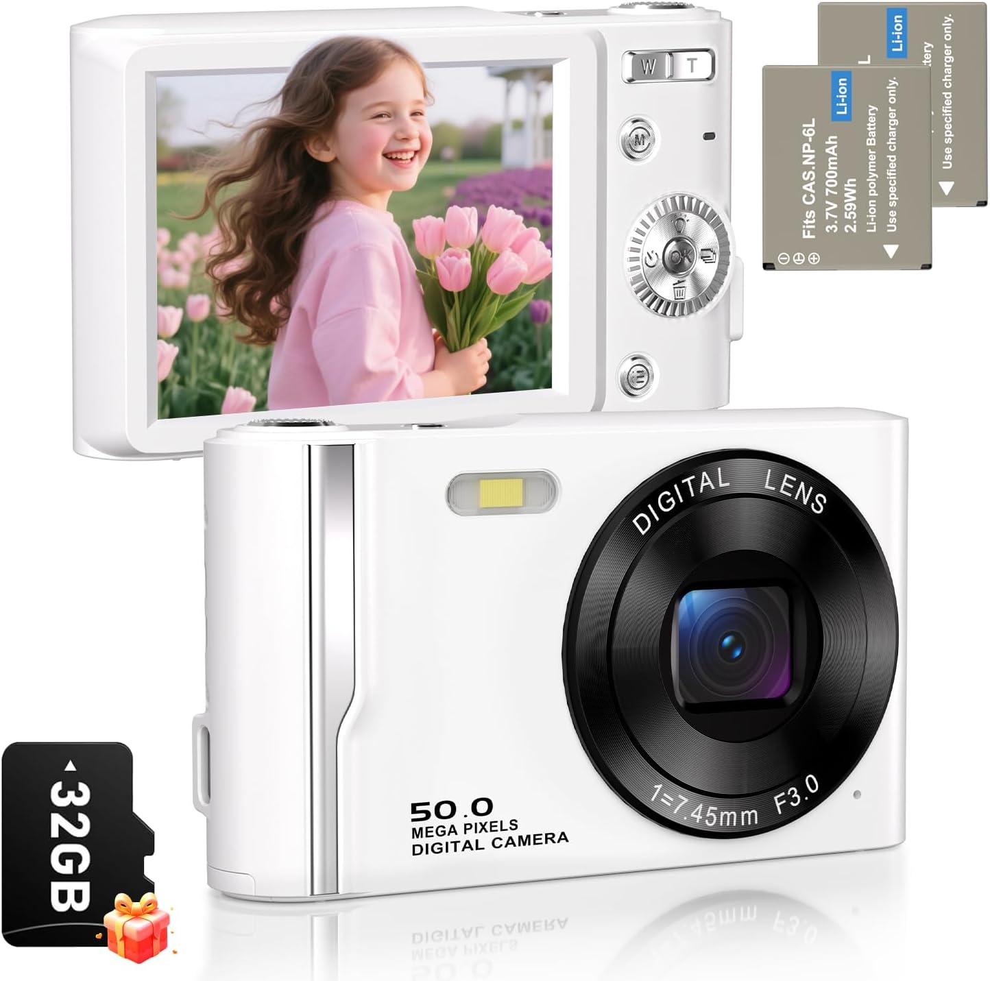 Digital Camera, Autofocus 4K Vlogging Camera for Photography with Anti-Shake, 50MP Compact Point and Shoot Digital Camera for Kids with 16X Zoom, 2 Batteries, 32GB Card (White)