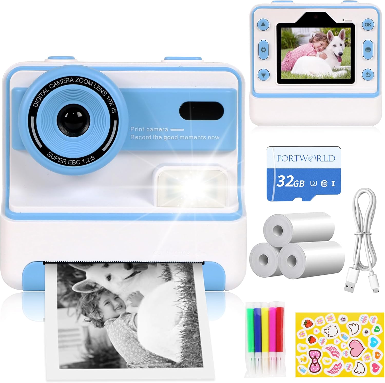 Instant Print Camera for Kids: 1080p Printable Digital Camera Instant Picture with 2.4-in Screen 32G TF Card and 3 Rolls Print Paper Birthday Gift for 4-16 Boys Girls Teens (Blue)