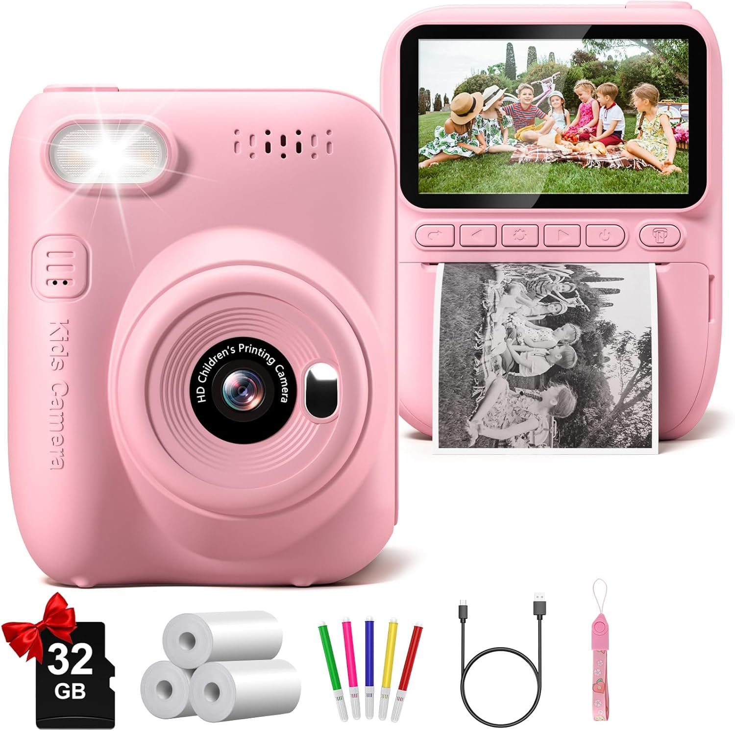 Instant Print Camera for Kids, 3.0″ HD 32MP Kids Camera 1080P with 3 Rolls of Printer Paper, Birthday Gifts Toy for 3-12 Year Old Girls Boys with 32GB SD Card-Pink