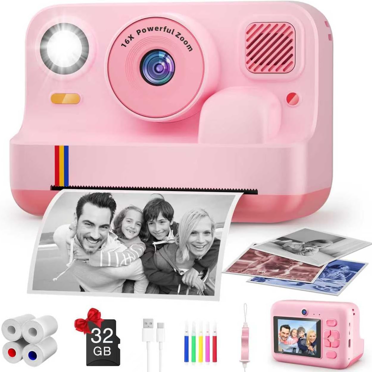 Instant Print Camera for Kids, App Printing, 1080P Video, Dual-Lens Selfie Digital Camera with 32G SD, Christmas Birthday Gifts for Girls Boys 4 5 6 7 8 9 10 11 12 Year Old, Portable Toddler Toy
