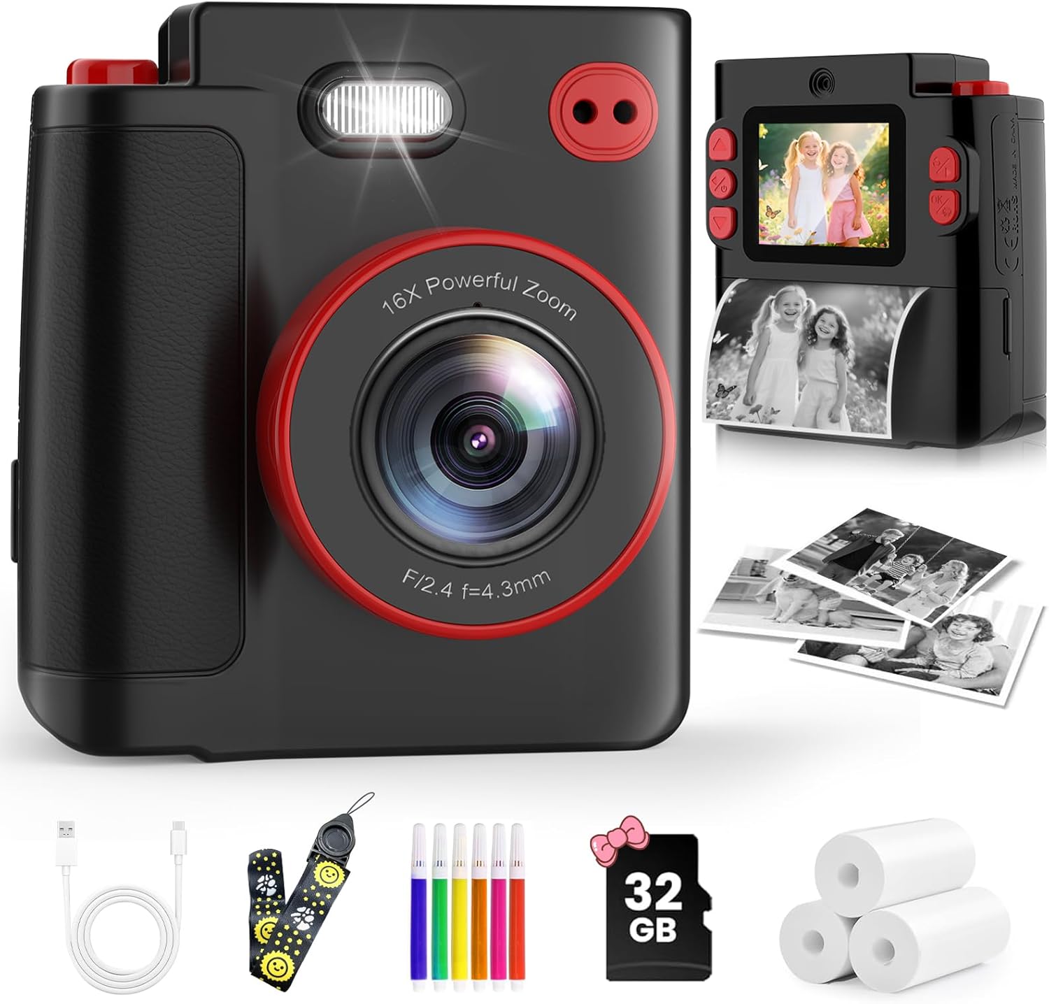 Instant Print Camera for Kids – Classic Black Digital Camera for 3-12 Year Olds, 1080P HD with 32GB SD Card, Selfie Mode & Durable Design, Ideal Christmas Birthday Gift, Portable Travel Toy