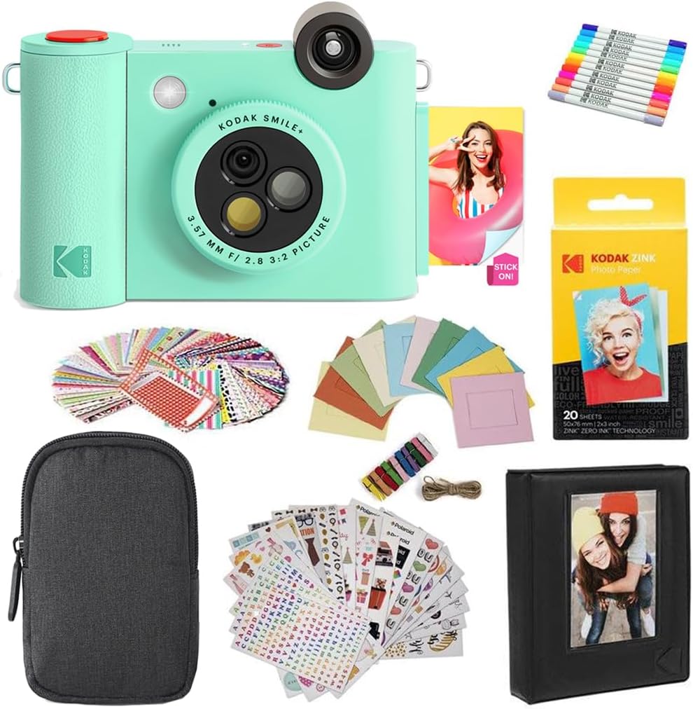 KODAK Smile+ 2-in-1 Digital Instant Print Camera & Photo Printer Gift Bundle + Case + Zink 2×3 Sticky Back Photo Paper 20pk + Album + Sticker Sets + Sticker Frames + Hanging Frames + Markers – Green