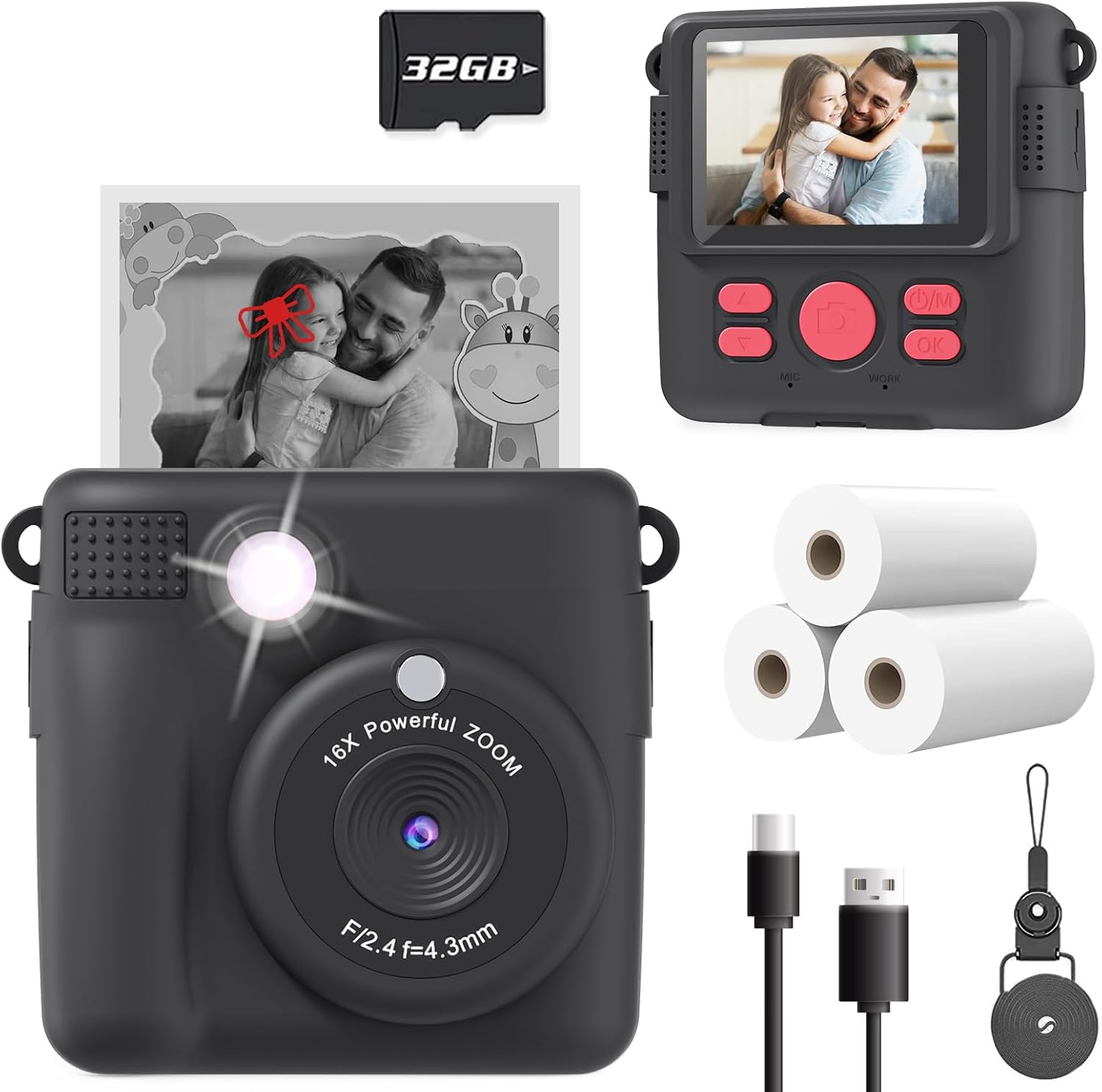 Kids Camera Instant Print, Christmas Birthday Gifts for Kids Age 3-12, Selfie Digital Camera with 1080P Videos,Toddler Portable Travel Cameras Toy for 4 5 6 7 8 9 Year Old Boys Black