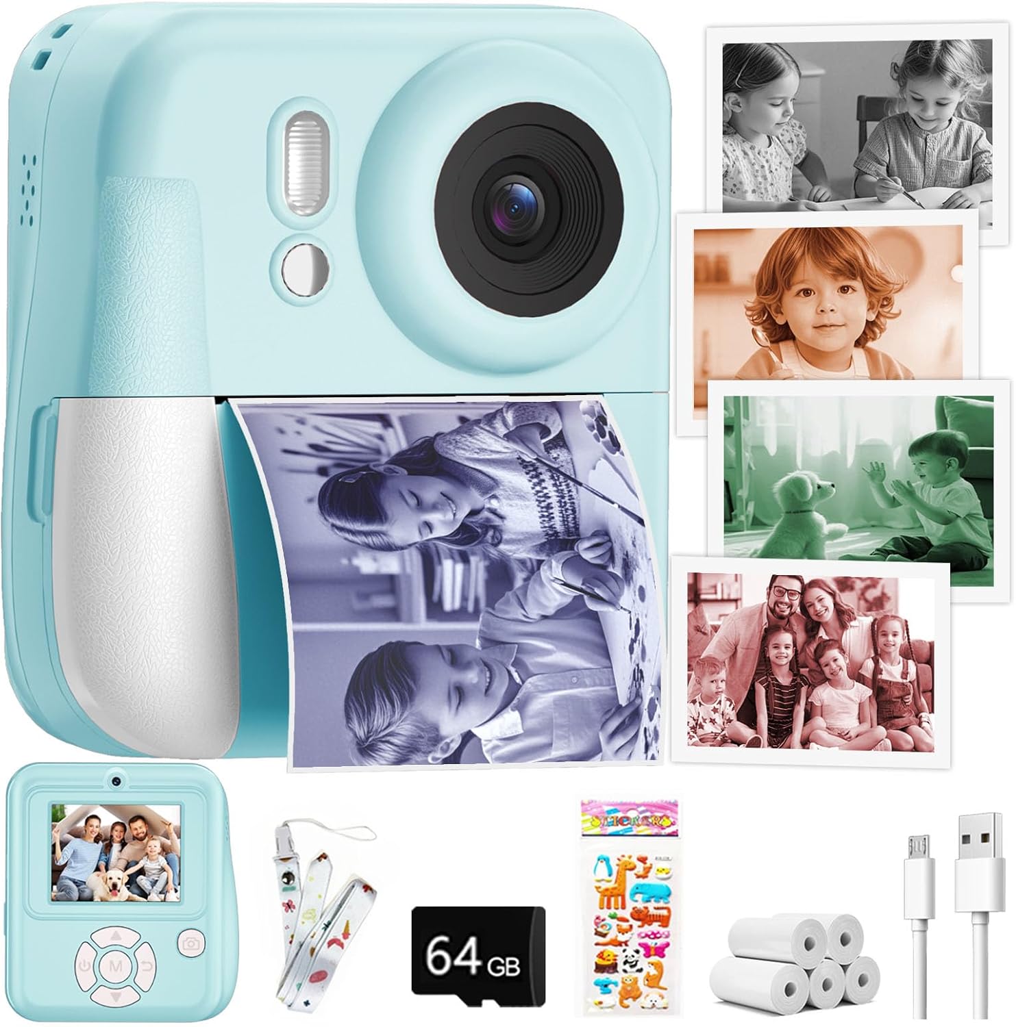 Kids Camera Instant Print Color Photos, Dual-Lens Instant Print Camera for Kids, Toddler Portable Travel Digital Camera Toy for 6 7 8 Year Old Boys Girls Christmas Birthday Gifts 64GB Card