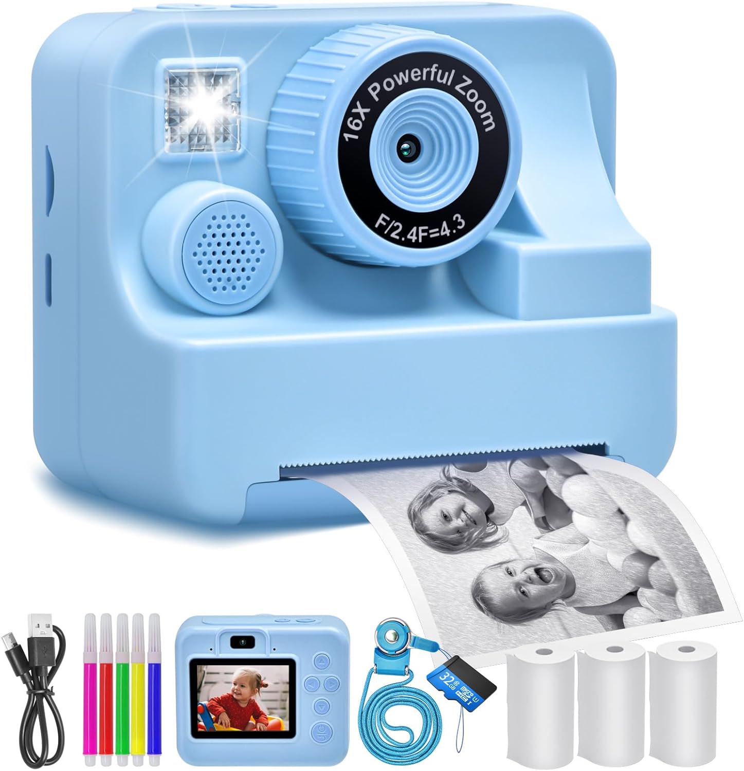 Kids Camera Instant Print Portable Dual-Lens Selfie Camera with Print Paper & 32G Card, Photo 1080P HD Toddler Digital Printing Cameras for 4 5 6 7 8 9 10 Years Old Girls Boys, Blue