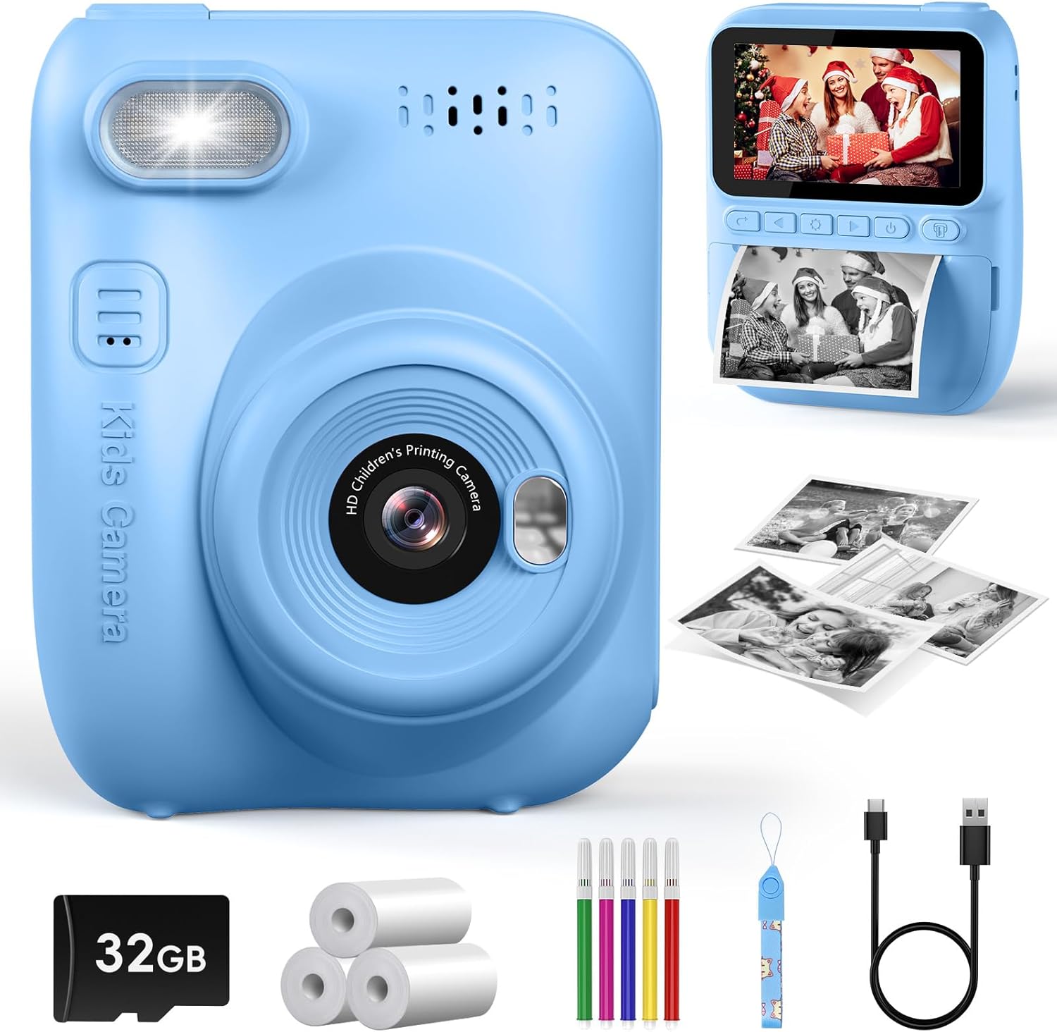 Kids Instant Print Camera, 3.0-inch HD Screen 32MP Photo Instant Digital Camera Christmas Birthday Gifts Toys for Children Girls Boys Age 3-12 – Blue