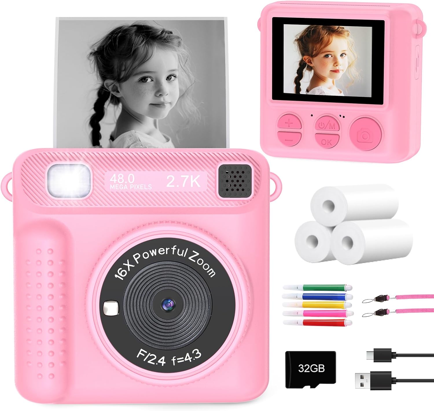 Kids Instant Print Camera – Christmas Birthday Gifts for Girls Boys, Instant Cameras That Print Photos for 4 5 6 7 8 9 10 Year Old Girl Birthday Gift with 32GB SD Card