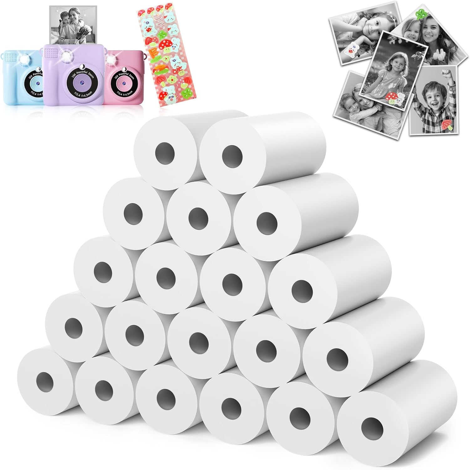 20 Rolls Kids Camera Paper Roll Refill – HD kids camera instant print paper, 55x25mm Print 180 Sheets with Cute Stickers, Scratch-Resistant, BPA Free, Suitable for 99% of Instant Print Camera for Kids