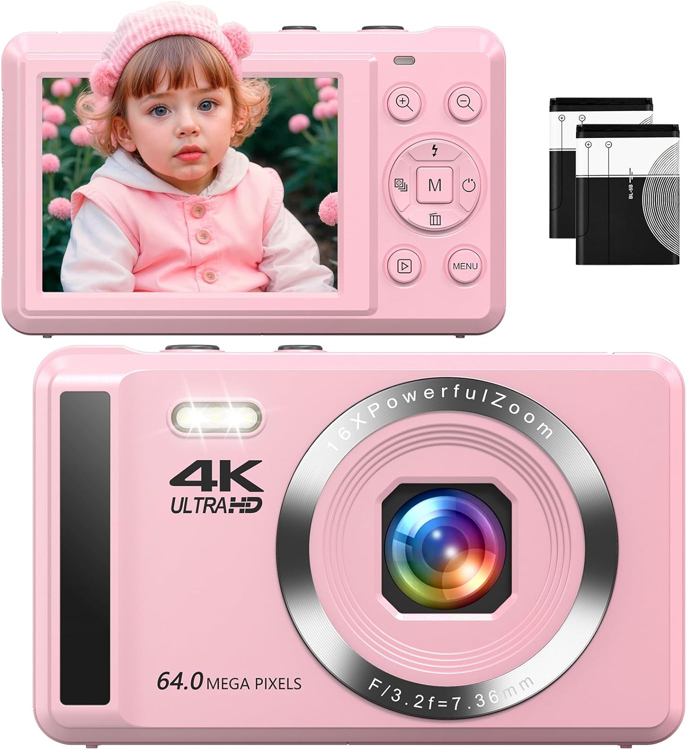 4K 64MP UHD Digital Camera for Photography, Autofocus Point and Shoot Vlogging Camera with 16X Digital Zoom, 32GB SD Card, 2 Rechargeable Batteries, Compact Travel Camera for Kids, Teens, Boys, Girls