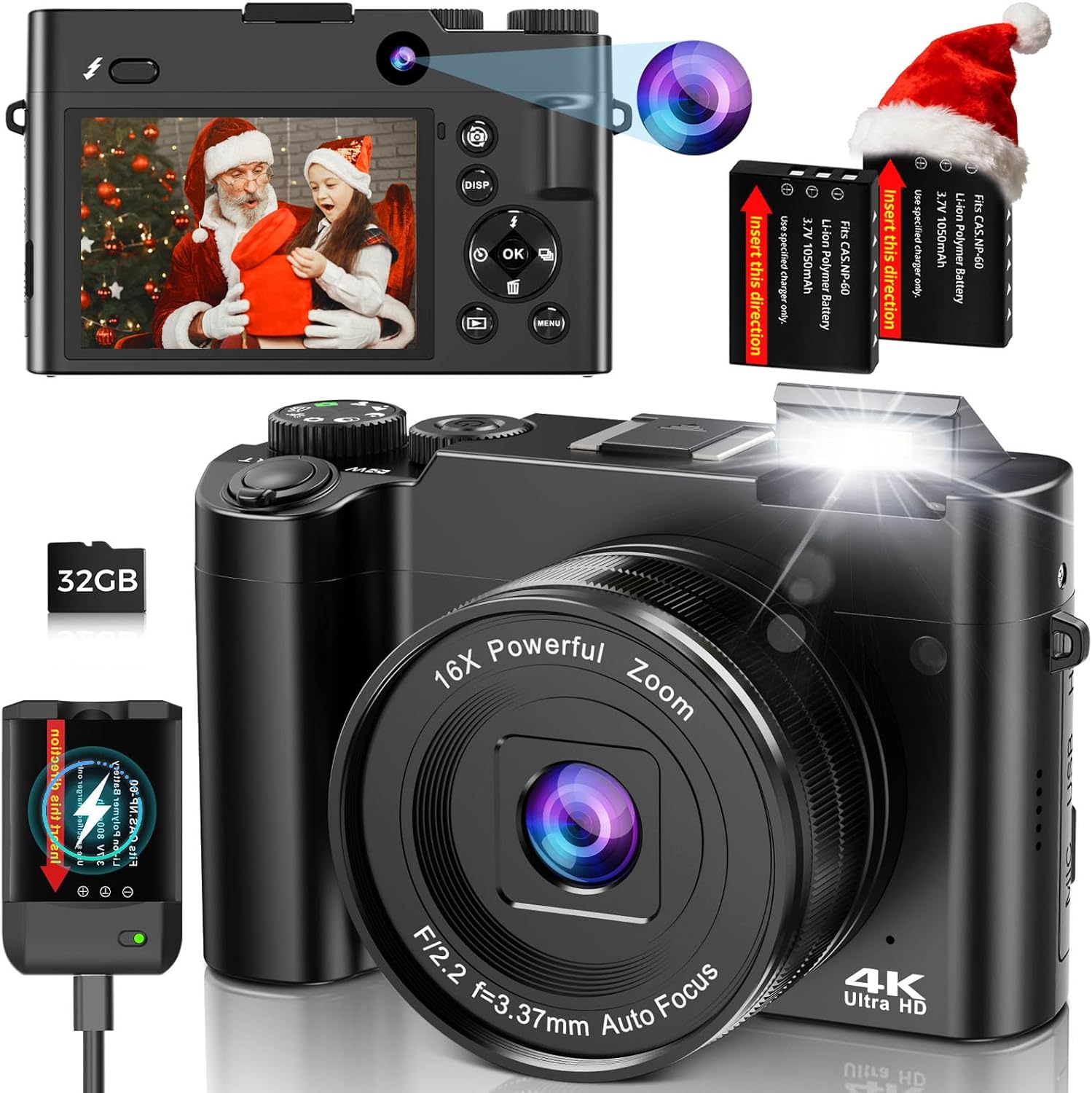 4K Digital Camera for Photography and Vlogging, 64MP Compact Autofocus YouTube Video Camera with Dual Lens 3″ IPS Selfie Anti-Shake, 16X Zoom, Flash, 32GB Card, 2 Batteries, Teens & Beginners, Black
