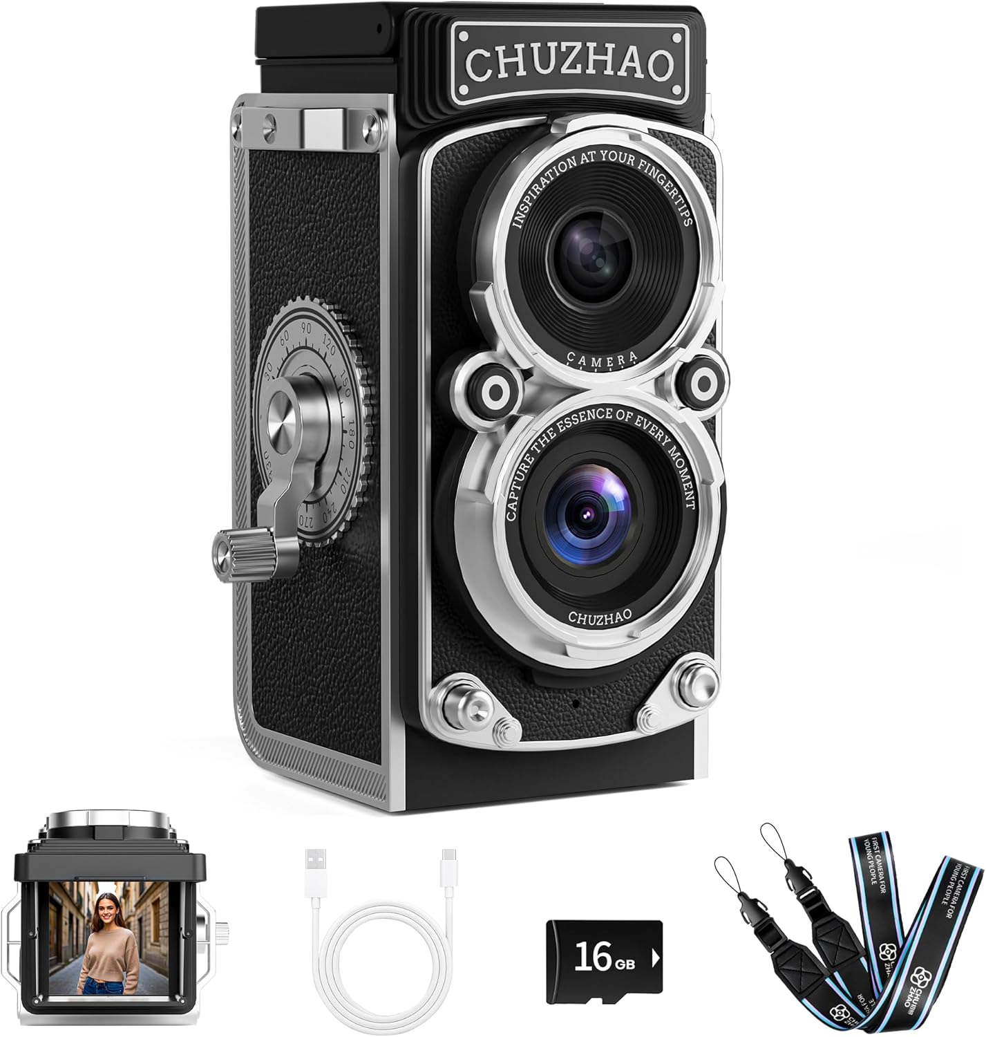 CHUZHAO Mini Retro Digital Camera – Vintage TLR Style Point and Shoot Auto Focus Vlogging Camera, Compact & Portable, 16GB Card Included, Ideal for Beginners, Teens, and Adults