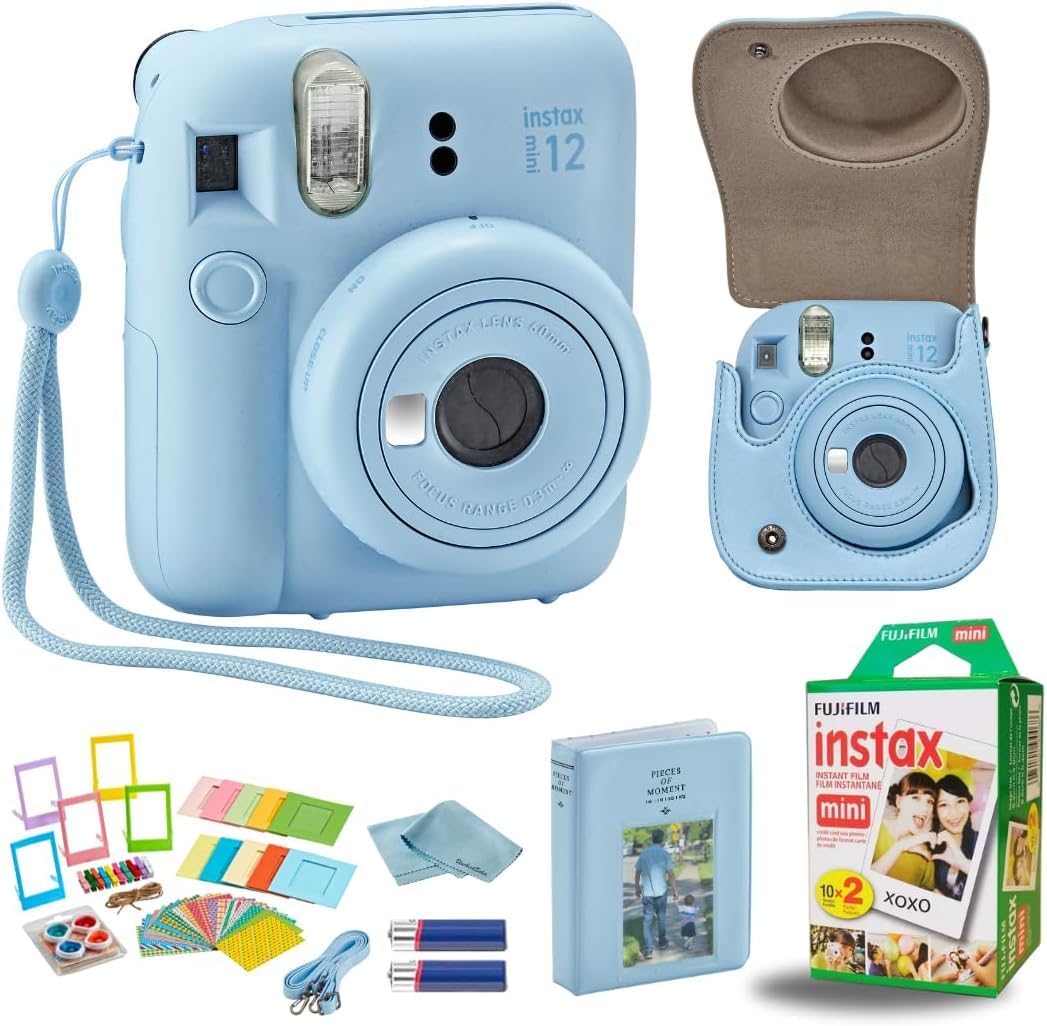 Fujifilm Instant Mini 12 Camera + Accessory Bundle & Compatible Custom Case + Fuji Instant (20 Shots) Designer Mini Photo Album (60 Pockets) (Pastel Blue)