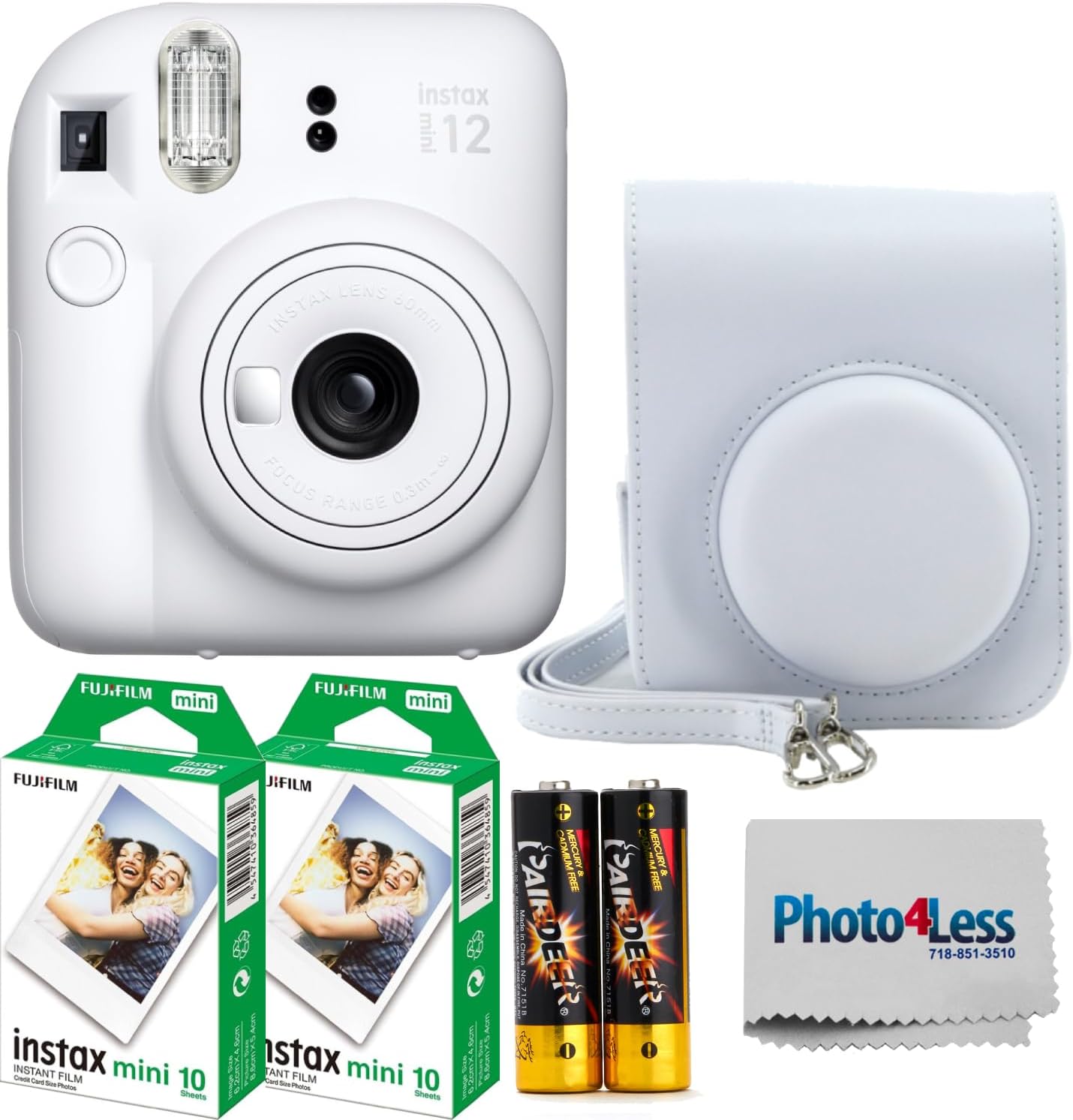 Fujifilm Instax Mini 12 Instant Film Camera Clay White, Fujifilm Instax Mini Twin Pack Instant Film 20 Prints, Prtotective Case, Gift Bundle