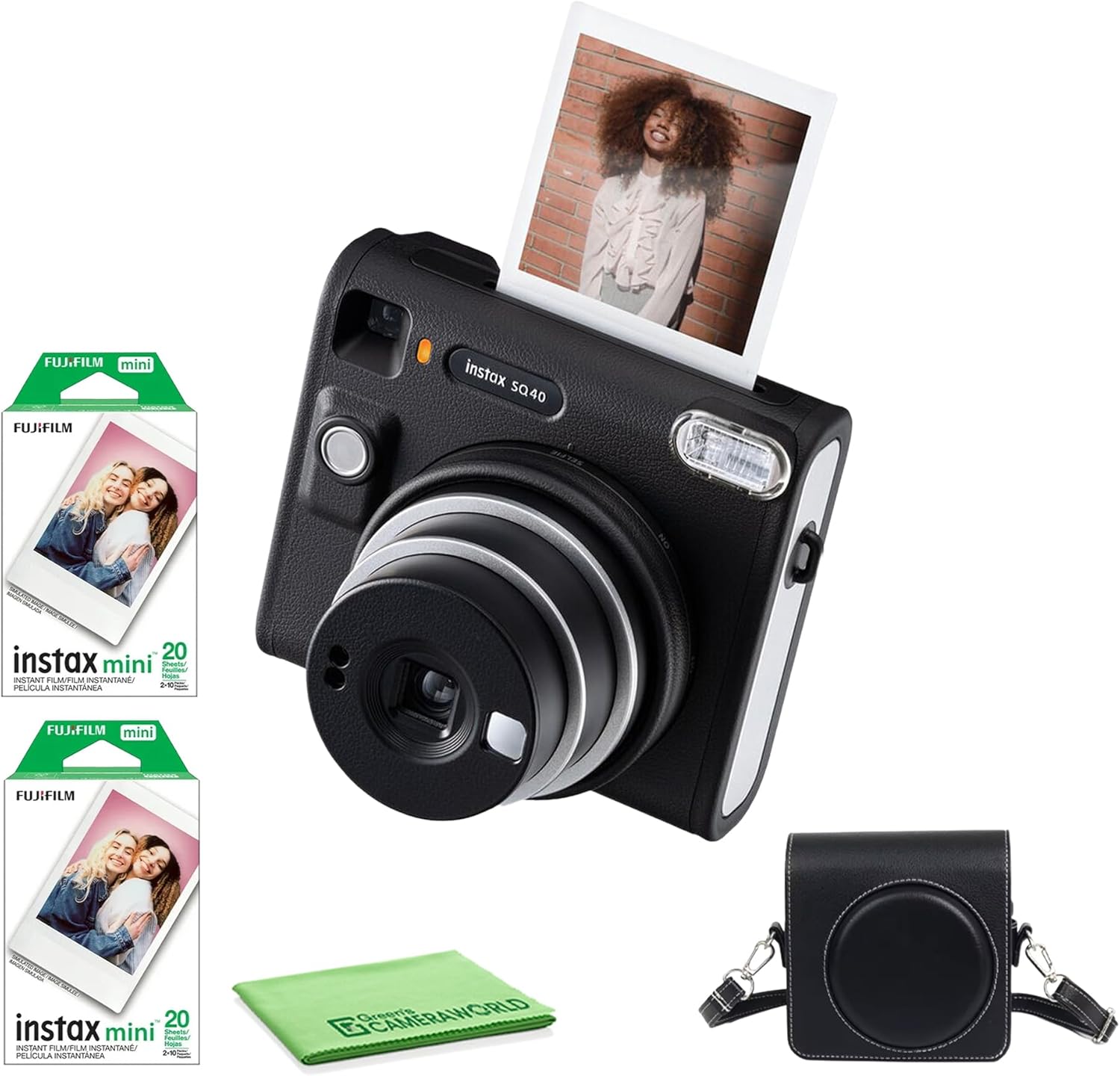 Fujifilm Instax Square SQ40 Instant Camera Vintage Black Bundle with 2 Pack Fuji Instax Film Value Pack (40 Exposures) + Carrying Case + Cleaning Cloth