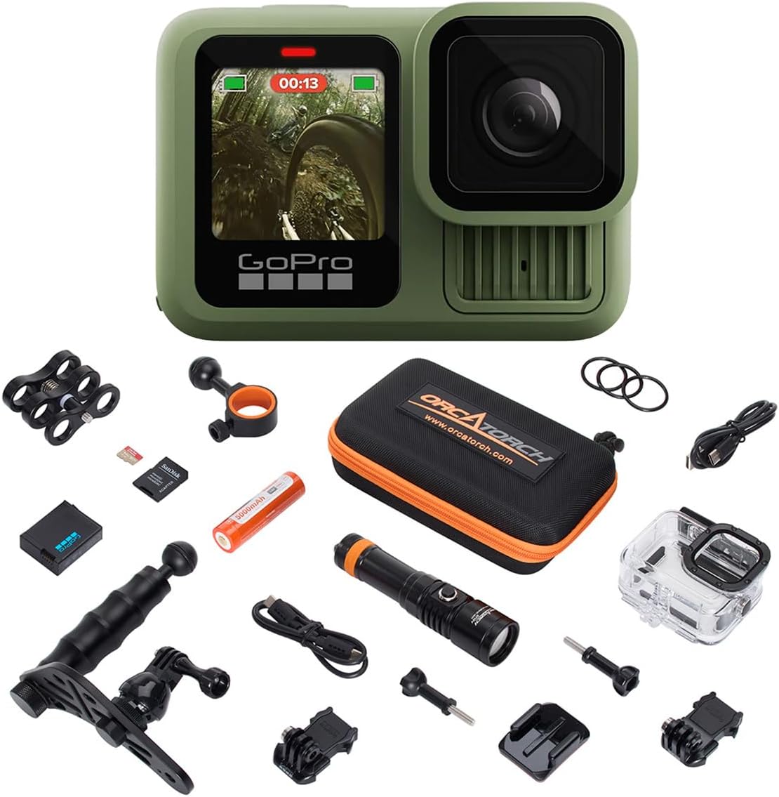 GoPro HERO13 Waterproof Action Camera Dive Kit with 5.3K60 UHD Video, 27MP HDR Photos – Bundle with Protective Housing, Video Light Pack, Camera Tray, Double Clip, 64GB microSD Card (Hero13 Green)