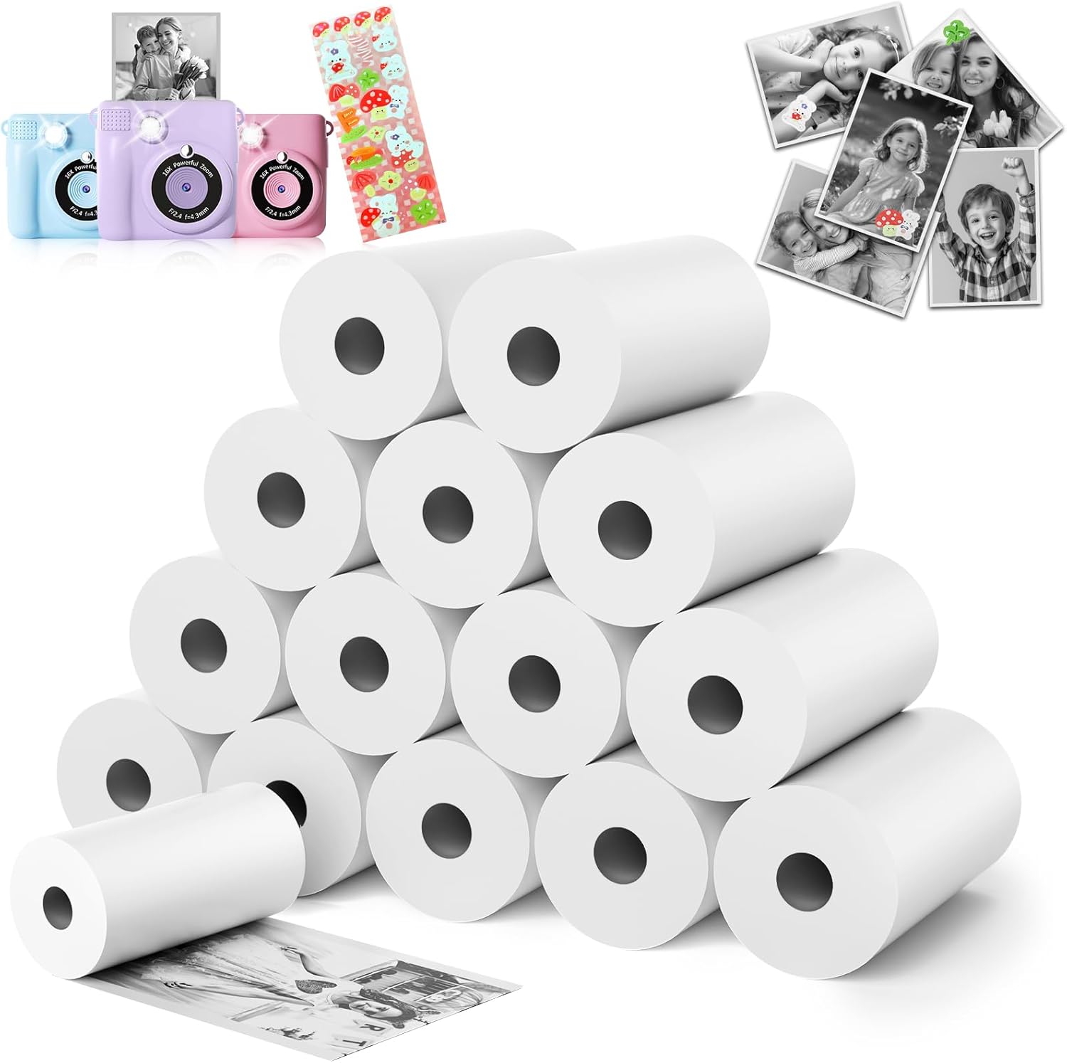 15 Rolls Kids Camera Paper Roll Refill – HD kids camera instant print paper, 55x25mm Print 180 Sheets with Cute Stickers, Scratch-Resistant, BPA Free, Suitable for 99% of Instant Print Camera for Kids