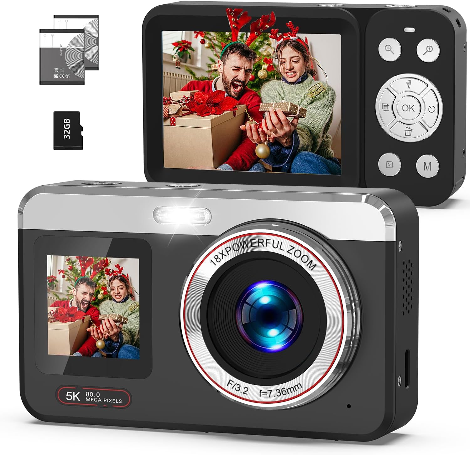 5K Digital Camera, 80MP Dual Screen Autofocus Vlogging Camera, 18X Zoom Point and Shoot Camera for Photography, Flash, 32GB Card, 2 Batteries, Compact Camera for Teens Adults (Black)