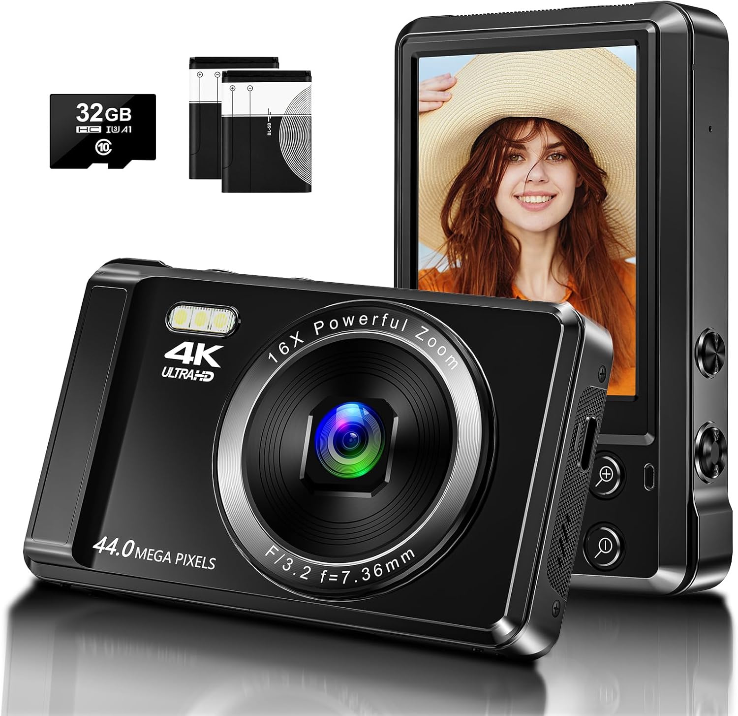 4K 44MP Digital Camera,2.4″ Screen Portable Compact Camera with 2 Batteries & 32 GB TF Card, 16x Digital Zoom Camera for Beginners, Adults and Teenagers, Kids