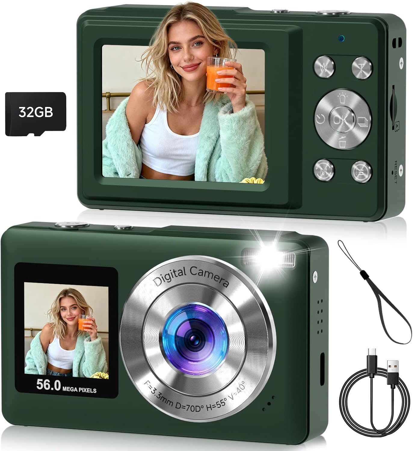 56MP Digital Camera, Compact Cameras with Fast Autofocus & 32GB SD Card, 16X Zoom Compact Point and Shoot Camera for Teens Adults, Dual Screen Selfie Camera