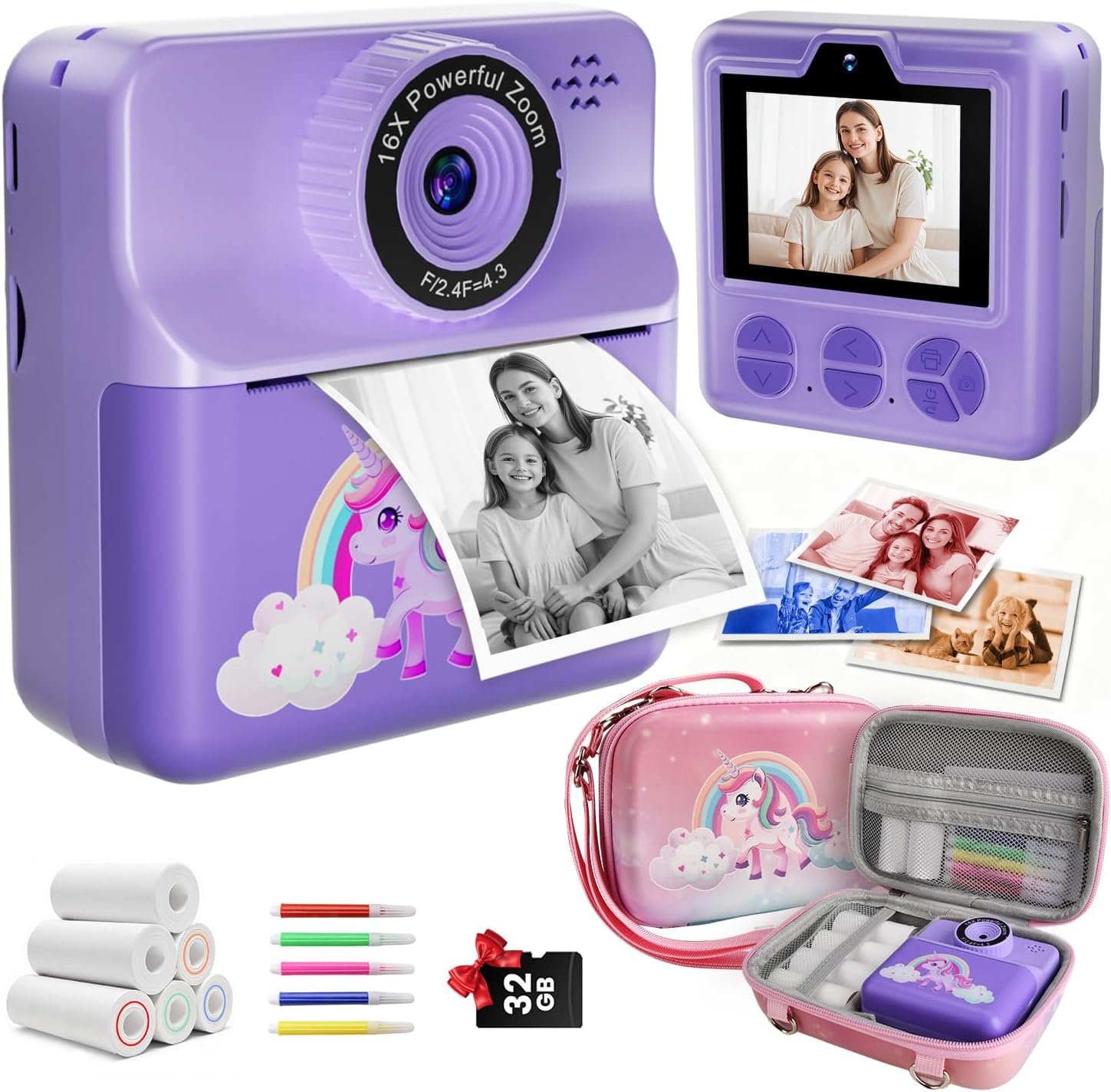 Instant Print Camera for Kids, Digital Selfie Cameras with Carry Case & 5-Color Paper, Portable Toddler Toy Christmas Birthday Gifts for 3 4 5 6 7 8 9 10 11 12 Year Old Girls – Purple