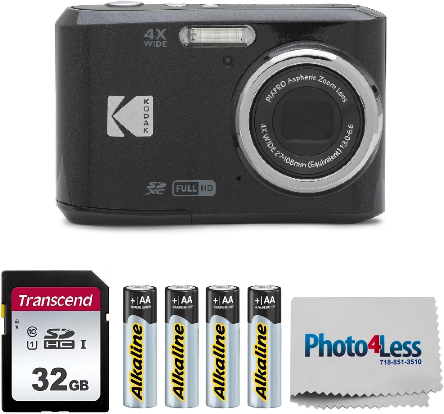 KODAK PIXPRO FZ45 16MP Digital Camera with 4X Optical Zoom 27mm Wide Angle and 2.7″ LCD Screen Bundle with 32GB SD Memory Card, AA Batteries (4 Pack), Lens Cleaning Cloth (Black)