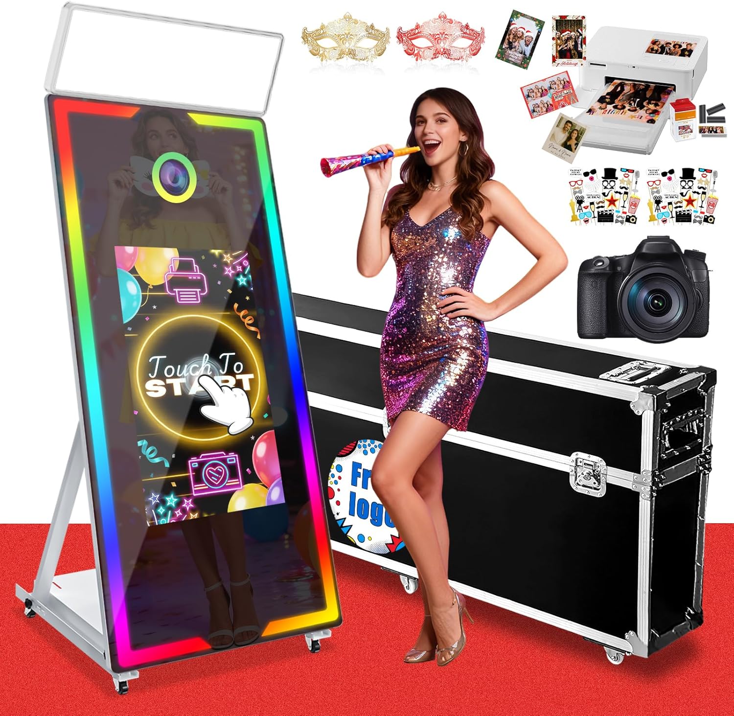 Magic Mirror Photo Booth 65” Portable 32” Touch Screen Mirror Photobooth with Camera and Printer and Square Light, Selfie Photo Booth Machine for Party Event Rentals (White+Camera+Printer+108Paper)
