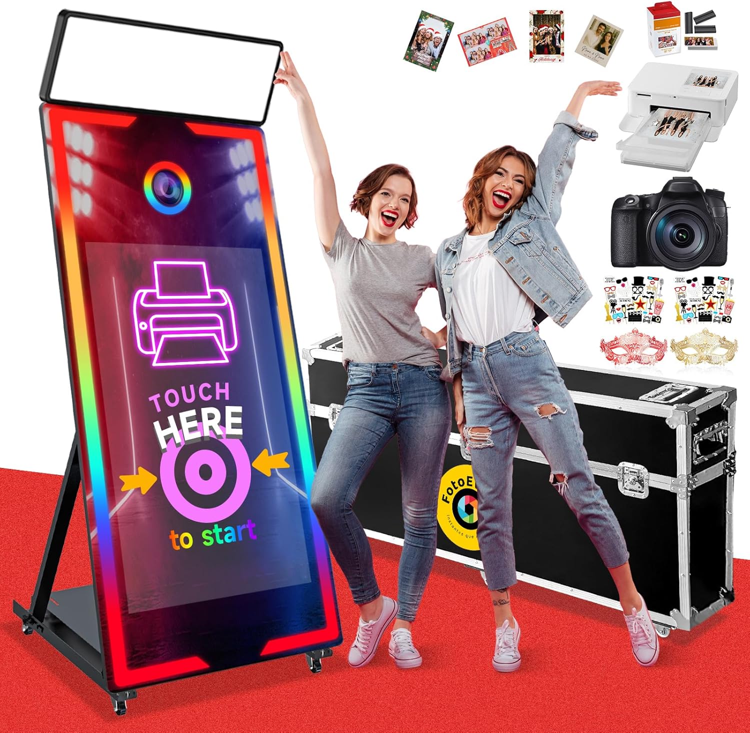 Magic Mirror Photo Booth 65’’ with Camera and Printer, Portable 43“ Touch Screen Mirror Photo Booth with APP Control, Professional Photography Fill Light for Wedding Event Party Rental (Black, 65-43″)