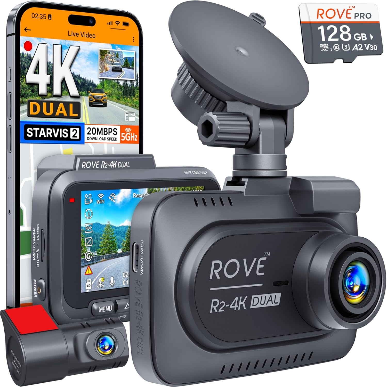 ROVE R2-4K DUAL Dash Cam Front and Rear, STARVIS 2 Sensor, FREE 128GB Card Included, 5G WiFi – up to 20MB/s Fastest Download Speed with App, 4K 2160P/FHD Dash Camera for Cars, 3″ IPS, 24H Parking Mode