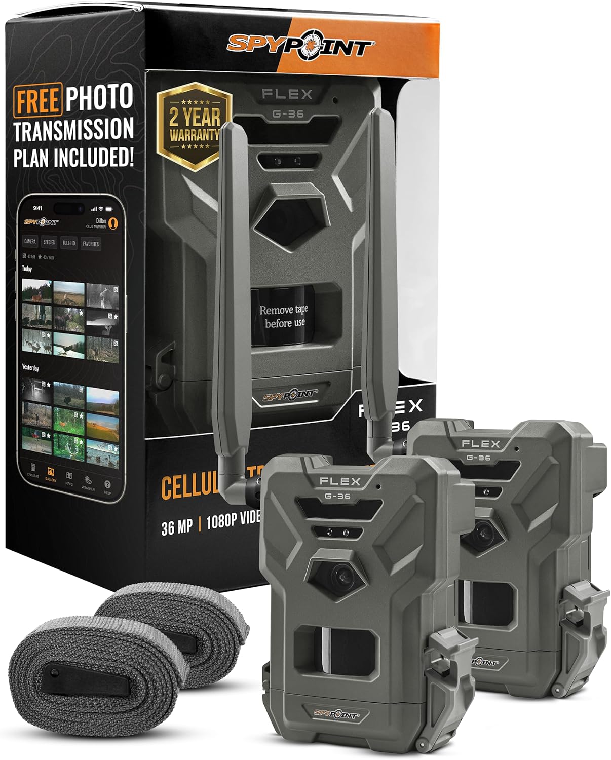 SPYPOINT Flex G-36 Twin Pack Cellular Trail Camera, 36MP Photos and 1080p Videos with Sound, GPS Enabled, Dual-Sim LTE Connectivity, 100′ Flash & Detection Range, Responsive Trigger up to .3S
