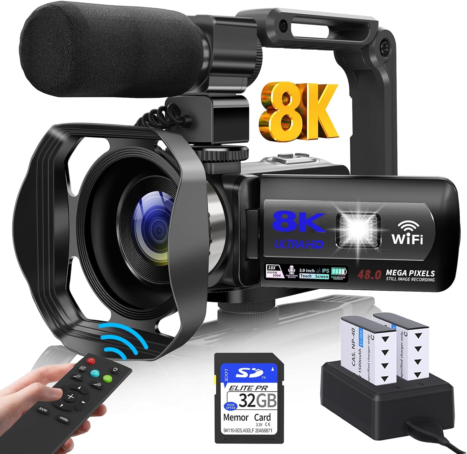 Video Camera, 8K Camcorder 48MP Vlogging Camera for YouTube 18X Digital Zoom 3” Touch Screen with WiFi, External Mic, Fill Light, Remote Control, 32GB SD Card & 2 Batteries