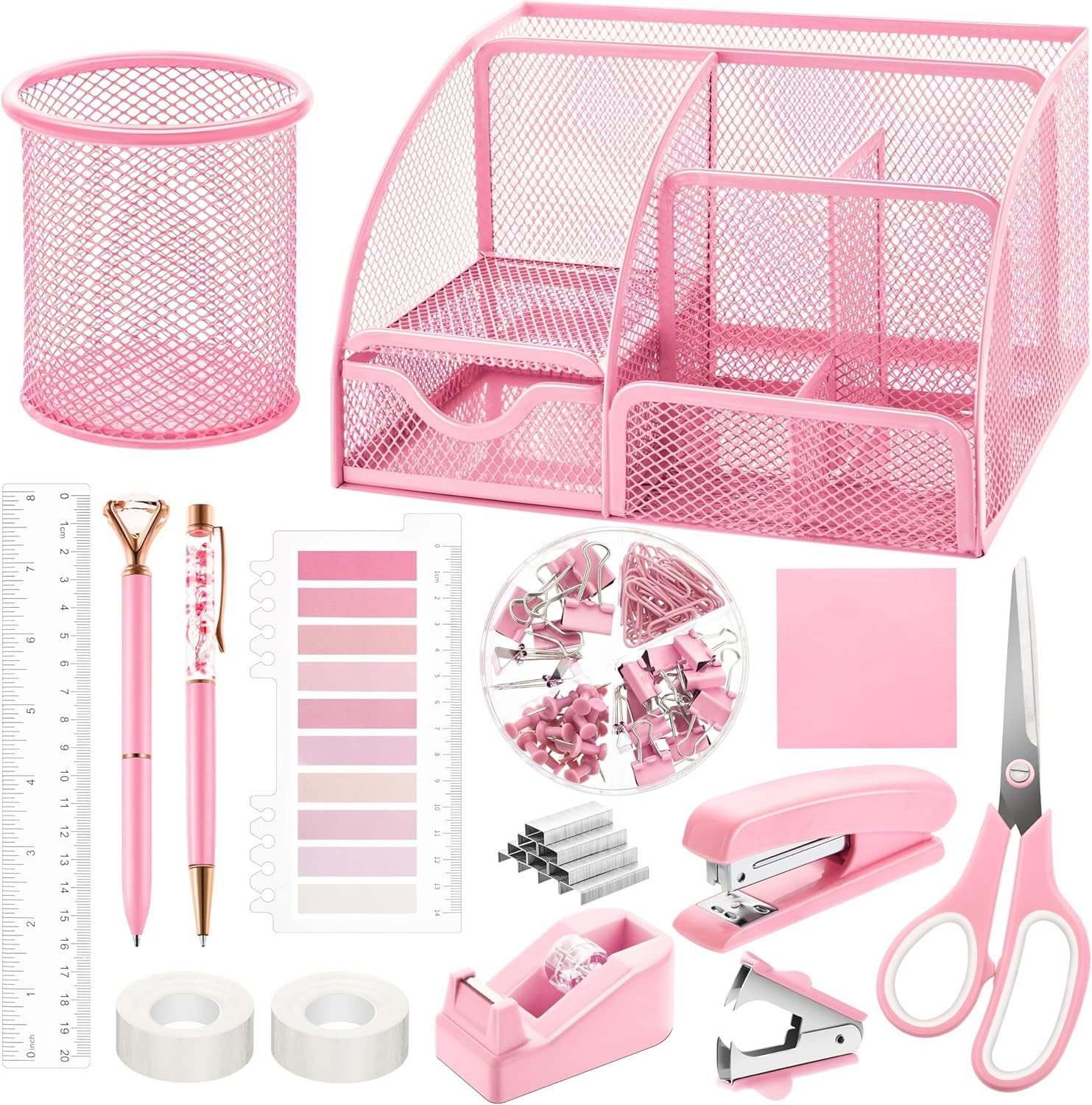 11 Pcs Pink Office Supplies Set Mesh Desk Organizer Accessories Kit Include Stapler Tape Dispenser Staple Remover Clips Ruler Scissors Sticky Notes for Office School Home Women (Pink)
