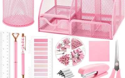 11 Pcs Pink Office Supplies Set Mesh Desk Organizer Accessories Kit Include Stapler Tape Dispenser Staple Remover Clips Ruler Scissors Sticky Notes for Office School Home Women (Pink)
