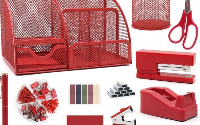 12 in 1 Red Desk Organizers and Accessories, Office Supplies Set Gifts for Coworkers, Office Supplies Include Stapler Pen Holder Tape Holder Staples Scissors Ruler Staple Remover for Home School
