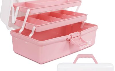 12in Three-Layer Multipurpose Storage Box Organizer Folding Tool Box/Art & Crafts Case/Sewing Supplies Organizer/Medicine Box/Family First Aid Box with 2 Trays (White Pink)