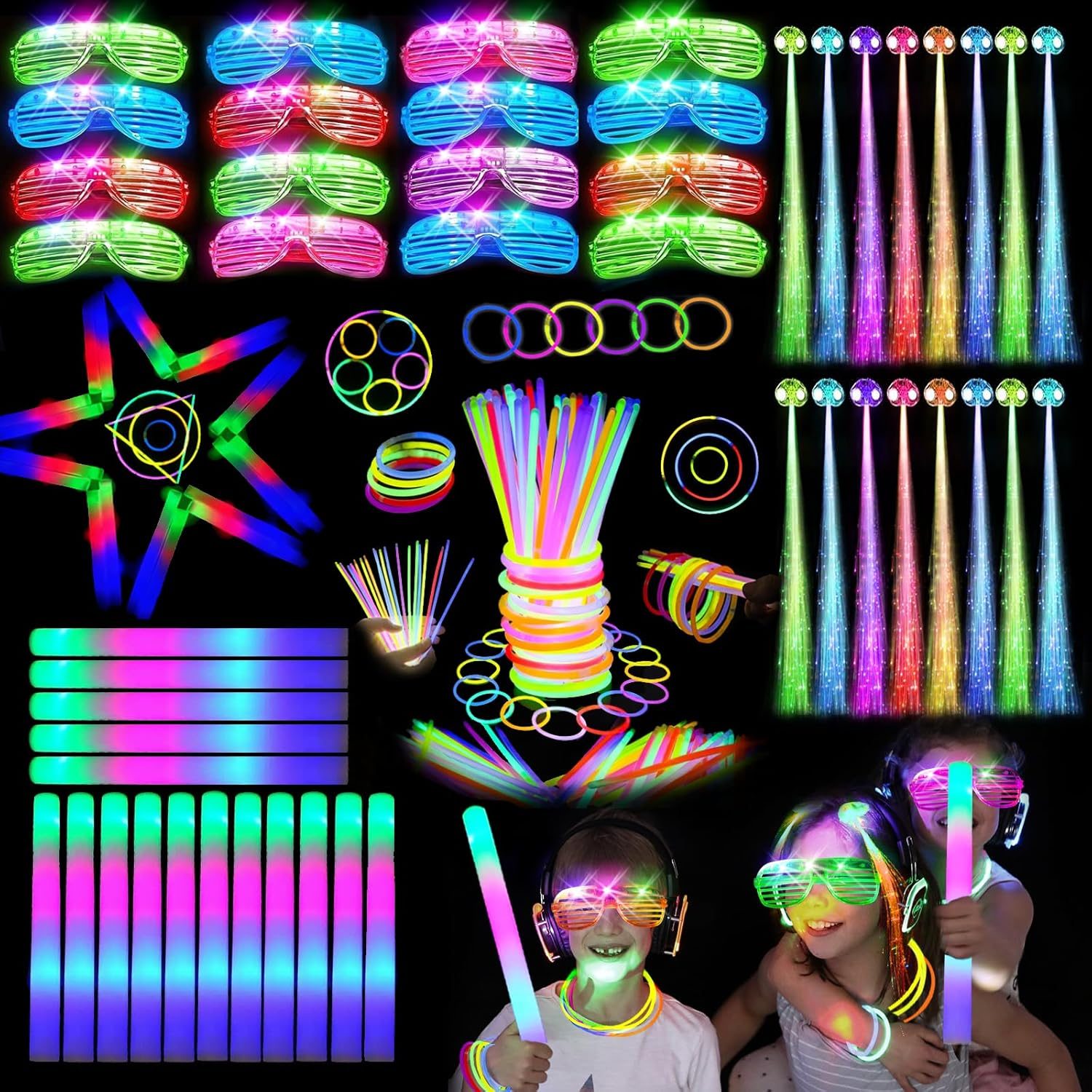 148 PCS Glow in the Dark Party Supplies, 16PCS Foam Glow Sticks, 16PCS LED Glasses,100PCS Glow Sticks Bracelets and 16Pcs LED Hair Clips Fiber Optic for Glow Party, Wedding, Halloween Party