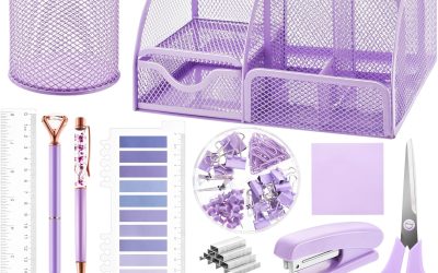 15 Pcs Purple Office Supplies Set Mesh Desk Organizer Accessories Kit Include Stapler Tape Dispenser Staple Remover Clips Ruler Scissors Sticky Notes for Office School Home Women (Purple)