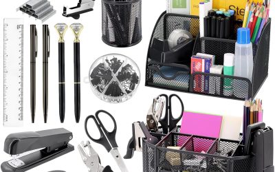 17 in 1 Black Desk Organizers and Accessories Set, 3 Office Desk Supplies Storage Organization, 4 Pens, Stapler, Staples & Remover, Tape & Dispenser, Scissors, Ruler, Clips, Hole Punch, Back to School