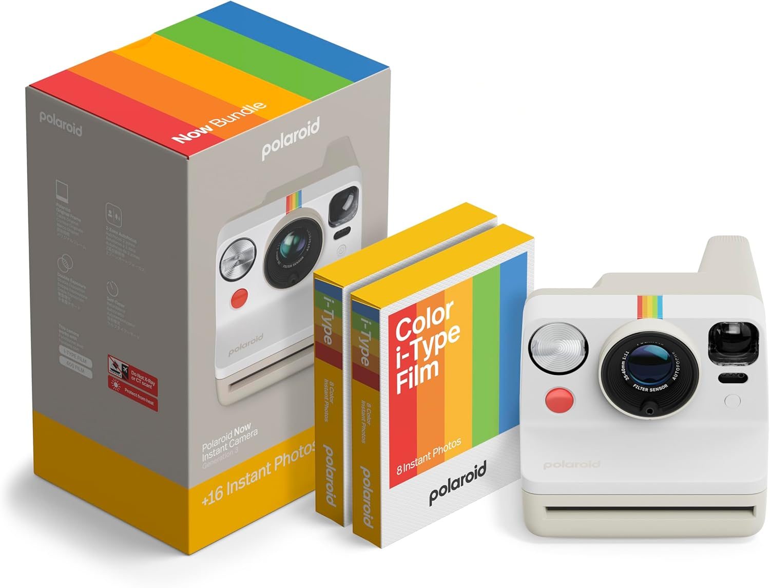 Polaroid Now 3rd Generation I-Type Instant Camera + Film Bundle – Now Pebble White Camera + 16 Color Photos (6561)