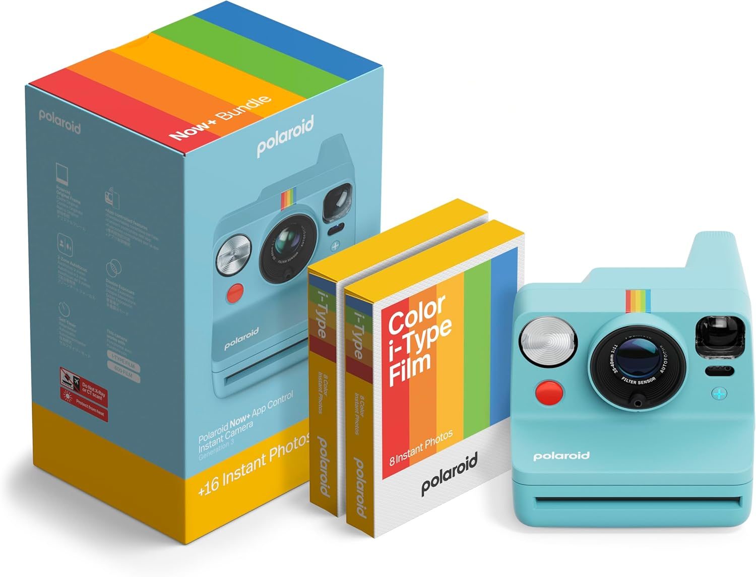 Polaroid Now+ 3rd Generation I-Type Instant Camera + Film Bundle – Now+ Bluetooth App Controlled Artic Blue Camera + 16 Color Photos (6645)