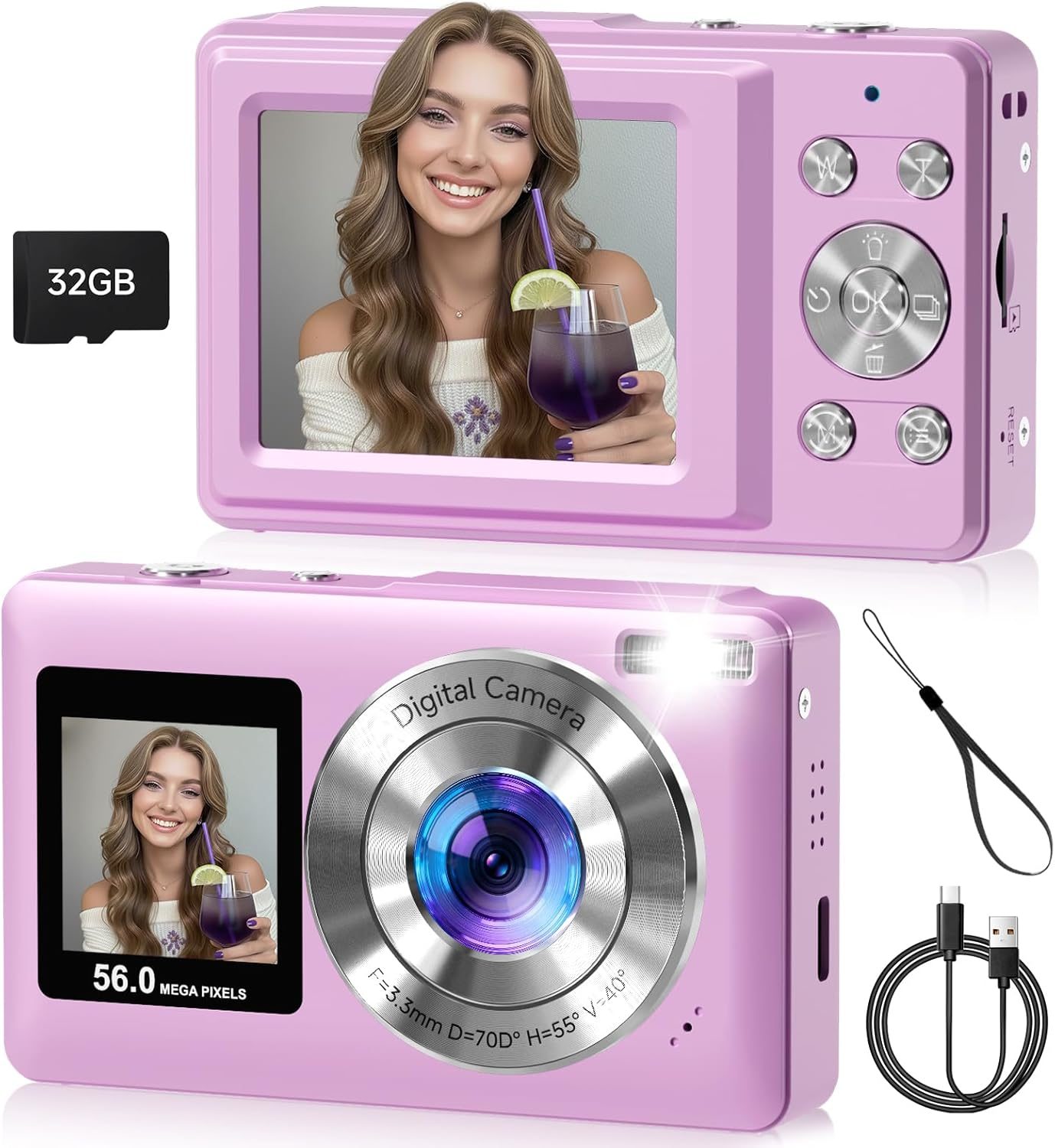 Compact Camera,56MP Dual-Screen Digital Camera for Teens with Auto Focus,Smile Capture,Anti-Shake,16X Zoom,32GB SD Card Camera Digital Gift for Boys Girls Teens