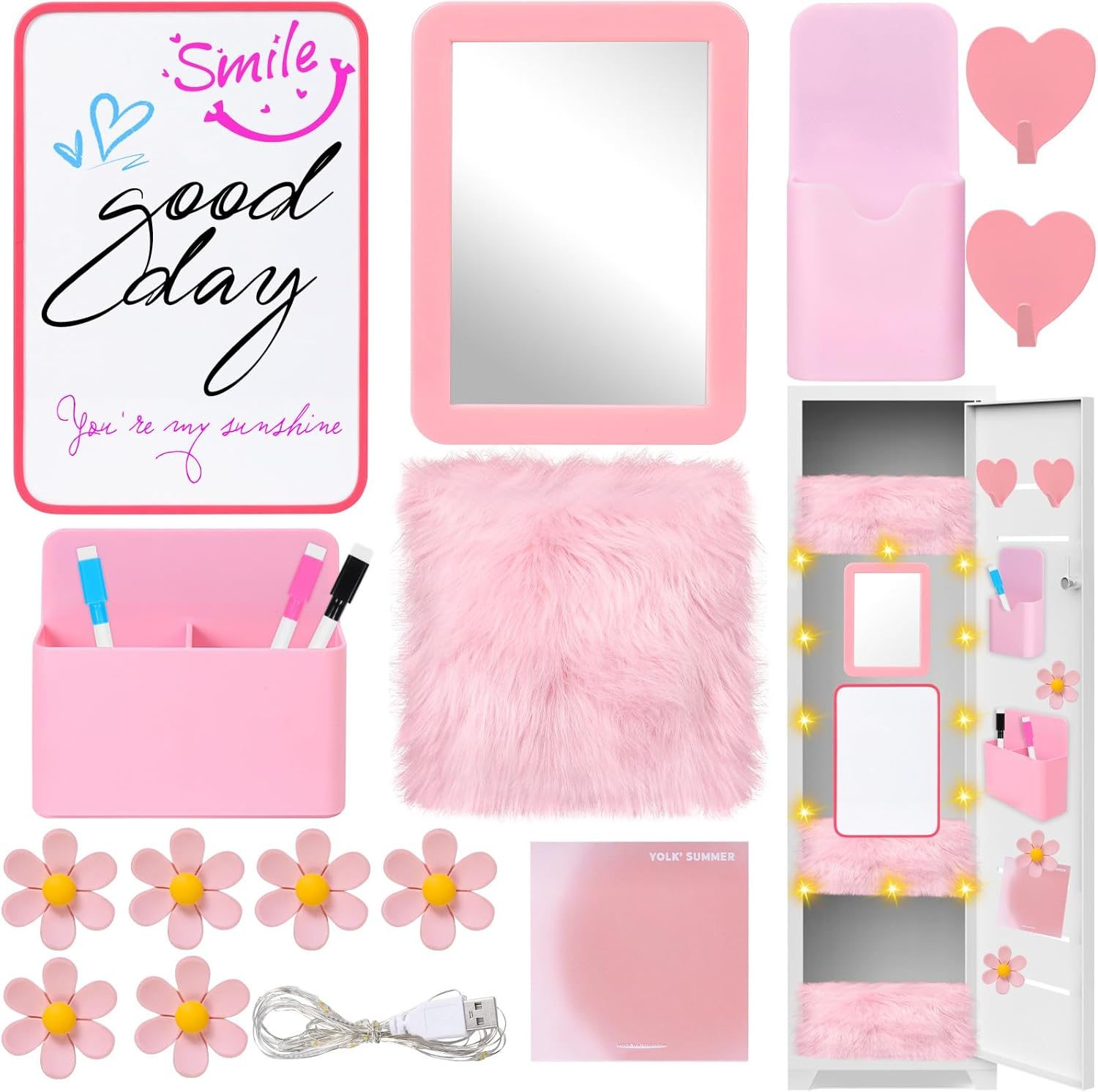 18 PCS Pink Locker Accessories Kit Back to School Locker Decorations Supplies for Girls Includes Whiteboard Mirror Organizer Markers Hook Rug String Lights Sticky Notes and Cute Flower Magnets