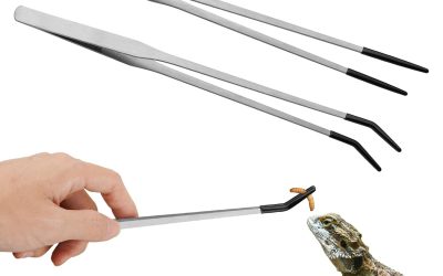 2PCS Stainless Steel Reptile Feeding Tongs with Rubber Tip, 10.6” Straight & Curved Long Tweezers for Aquarium or Craft, Bearded Dragon Tank Snakes Enclosure Accessories, Terrarium Supplies
