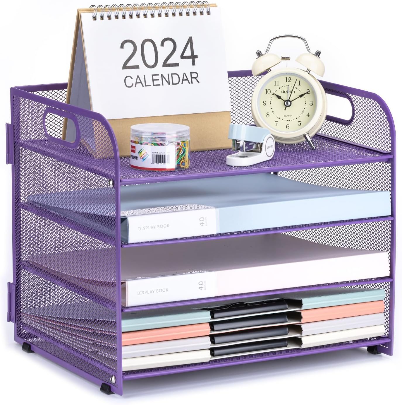 4-Tier Desk Organizer Paper Tray, Desk File Organizer with Handle, Mesh Desk Organizer Letter File Stackable Trays for Home Office Supplies and Accessories – Purple
