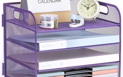 4-Tier Desk Organizer Paper Tray, Desk File Organizer with Handle, Mesh Desk Organizer Letter File Stackable Trays for Home Office Supplies and Accessories – Purple