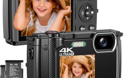 4K Digital Camera, 64MP Dual-Lens Vlogging Camera for Photography and Video 30FPS, Autofocus Anti-Shake, Selfie YouTube Camera, Digital Camera with Flash, SD Card, 2 Batteries
