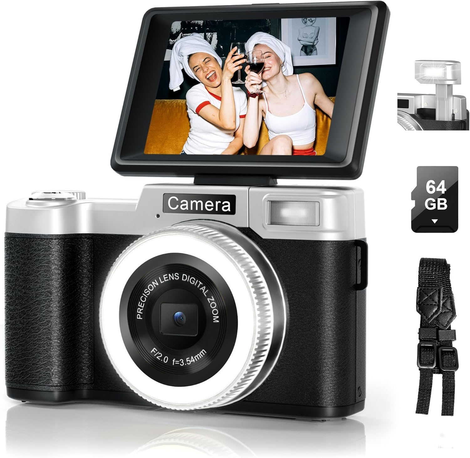 4K Digital Camera for Photography, 64MP Flip Screen Digital Camera for YouTube Vlogging, Selfies, Use with LED Light, 64GB Memory Card, Compact Design for Travel, Perfect for Teens and Beginners