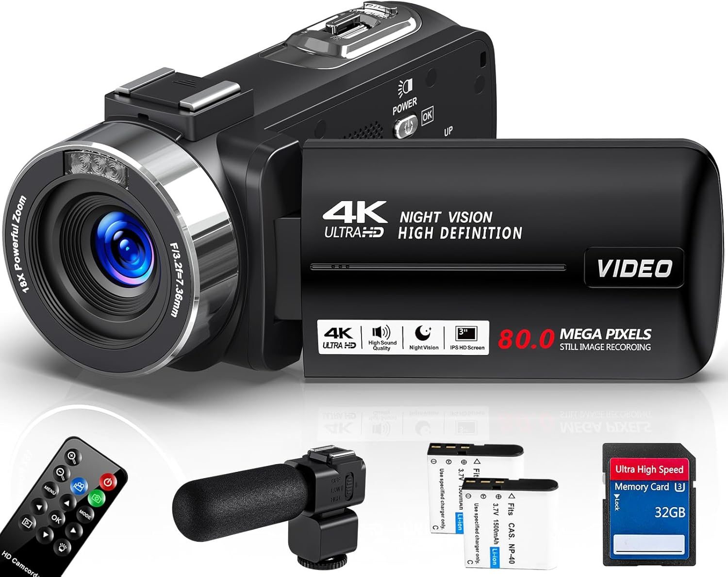 4K Video Camera Camcorder HD 80MP Vlogging Camera for YouTube IR Night Vision Camera 18X Digital Zoom 3.0 IPS Screen with 32GB SD Card, 2 Batteries, Remote Control, Microphone
