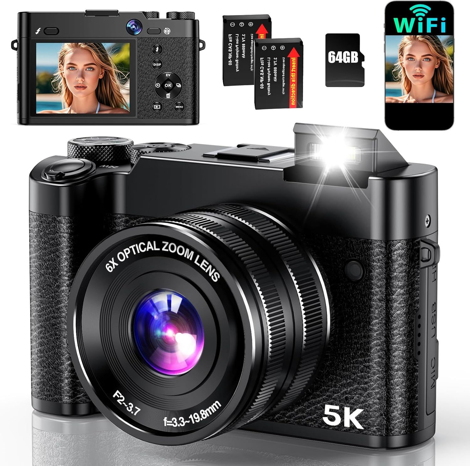 5K Digital Camera, 64MP Cameras for Photography with 6X Optical Zoom & Autofocus, WiFi Vlogging Camera for YouTube Video, Dual-Lens, 2 Batteries, 64GB Card & Flash, Best Cameras for Content Creators