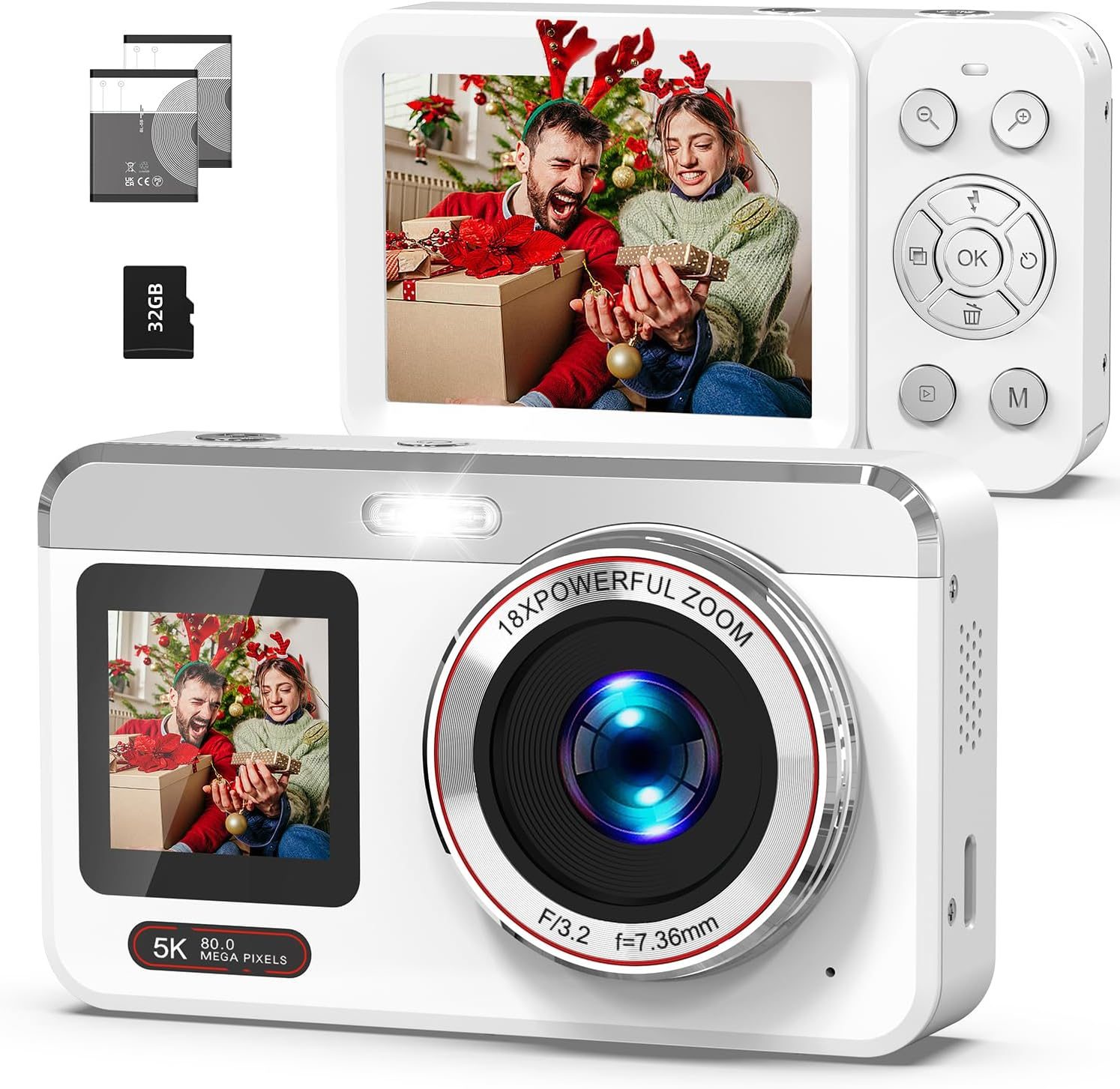 5K Digital Camera, 80MP Dual Screen Autofocus Vlogging Camera, 18X Zoom Point and Shoot Camera for Photography, Flash, 32GB Card, 2 Batteries, Compact Camera for Teens Adults (White)